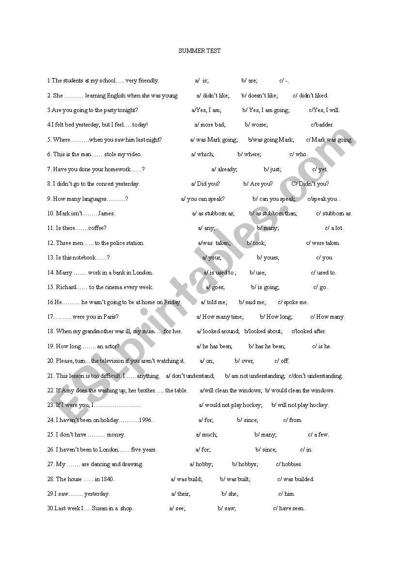 Mixed grammar test worksheet