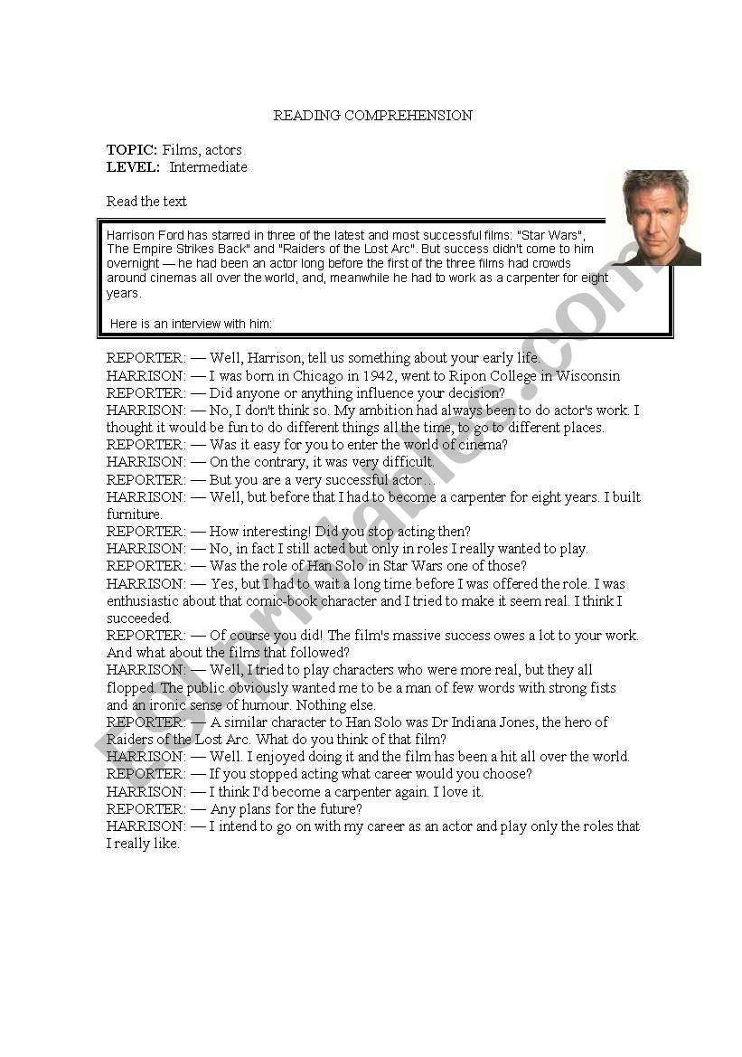 Harrison Ford, film, actor worksheet