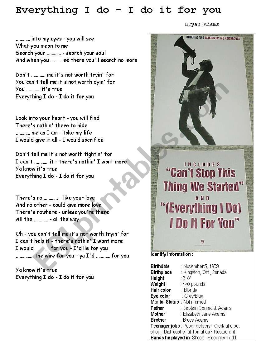 Everything I do- Bryan Adams worksheet