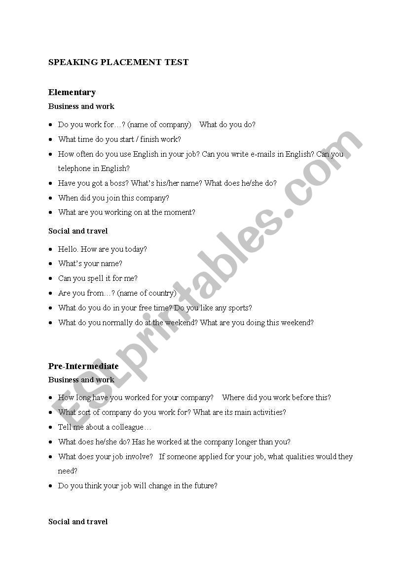 Speaking test for Adults worksheet