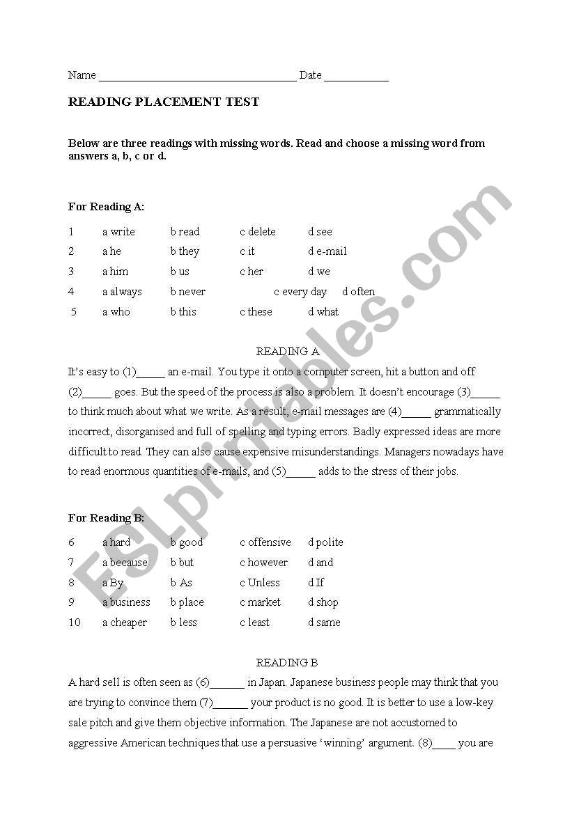 Reading test Business English worksheet