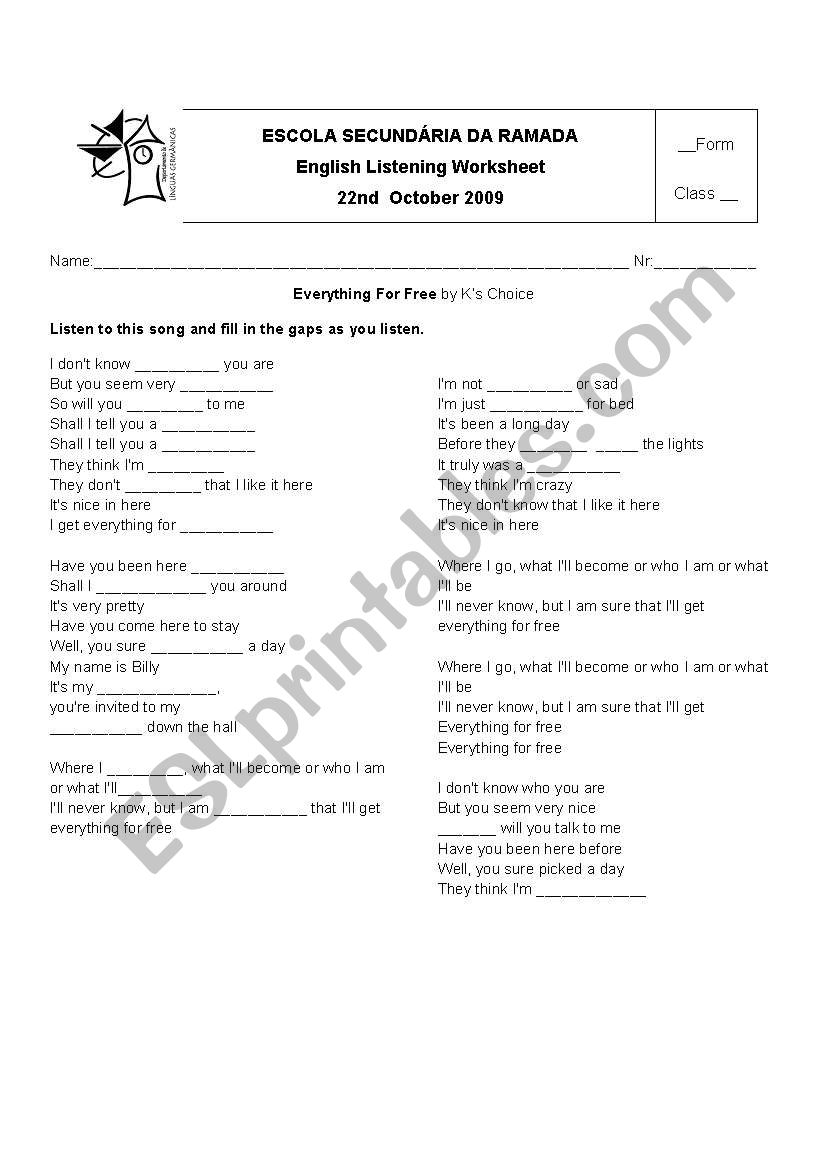 Listening to a Song worksheet