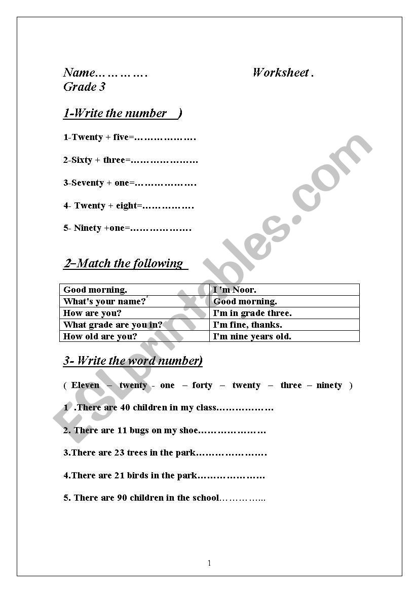 numbers worksheet