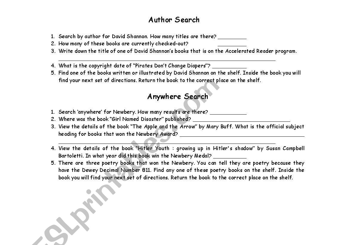 OPAC book search worksheet