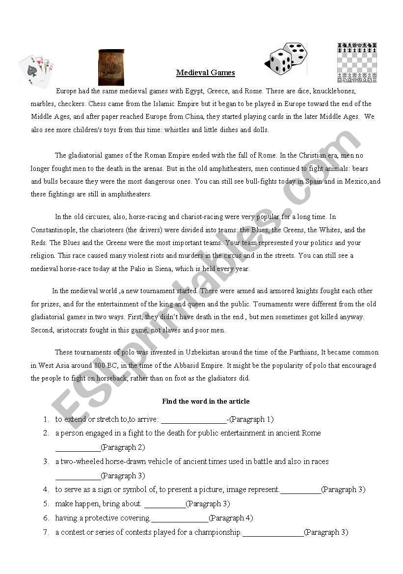 Medieval Games worksheet