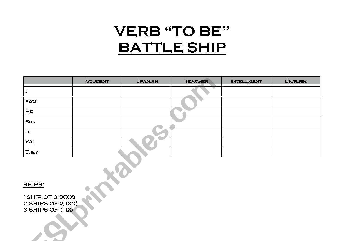 Verb To Be Battle Ship worksheet