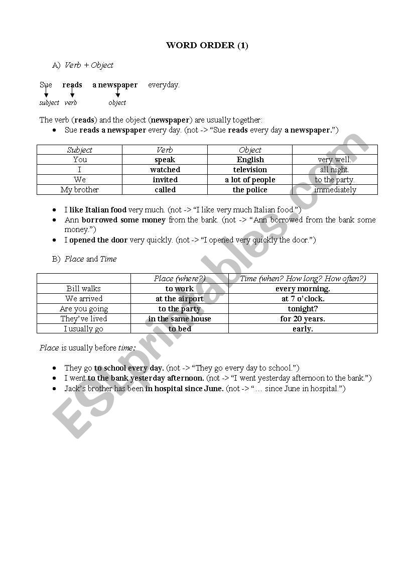 word order worksheet