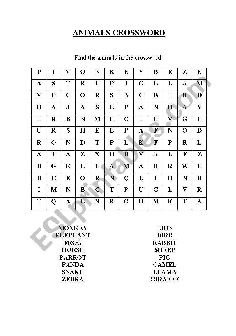 english worksheets animals crossword