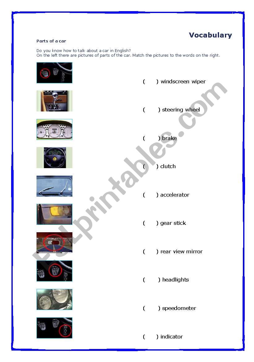 Parts of a car worksheet