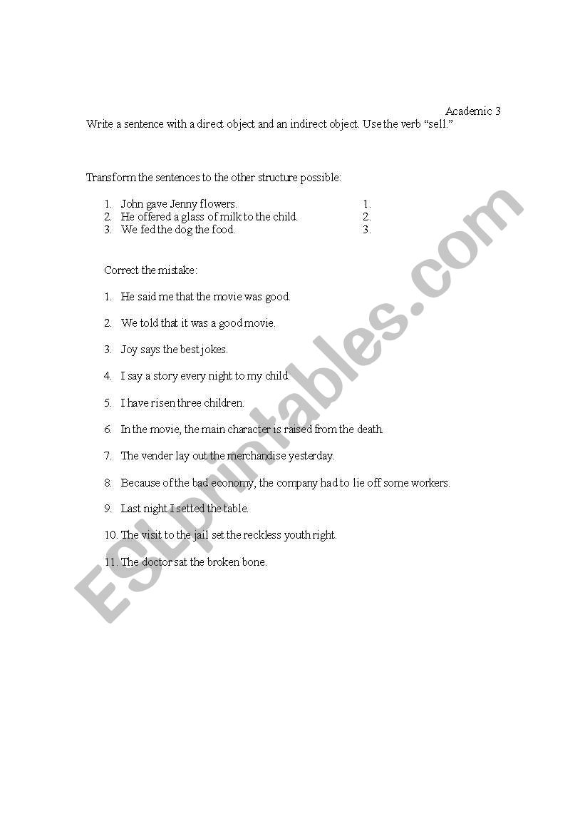 Transitive vs intransitive worksheet