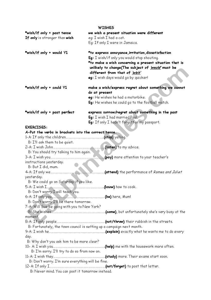 wishes worksheet