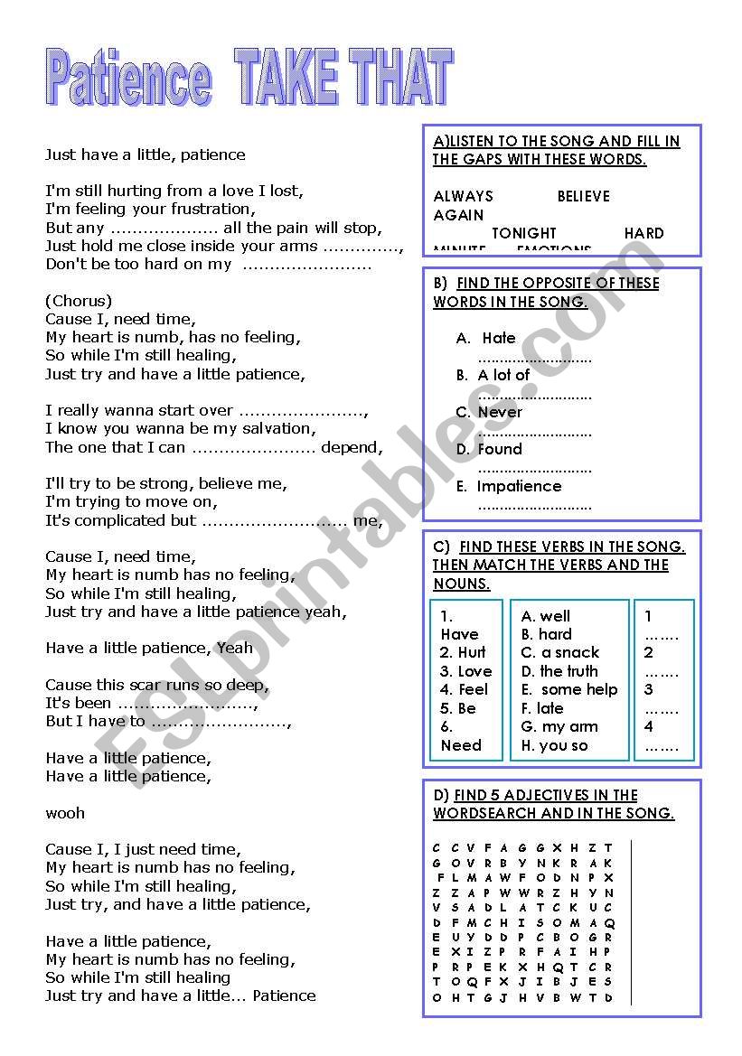 English worksheets: TAKE THAT-Patience