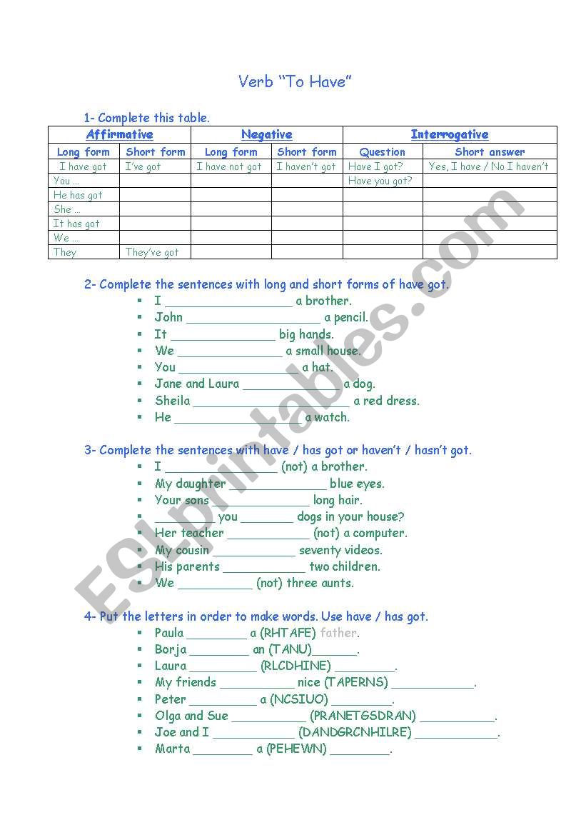 Verb To Have worksheet