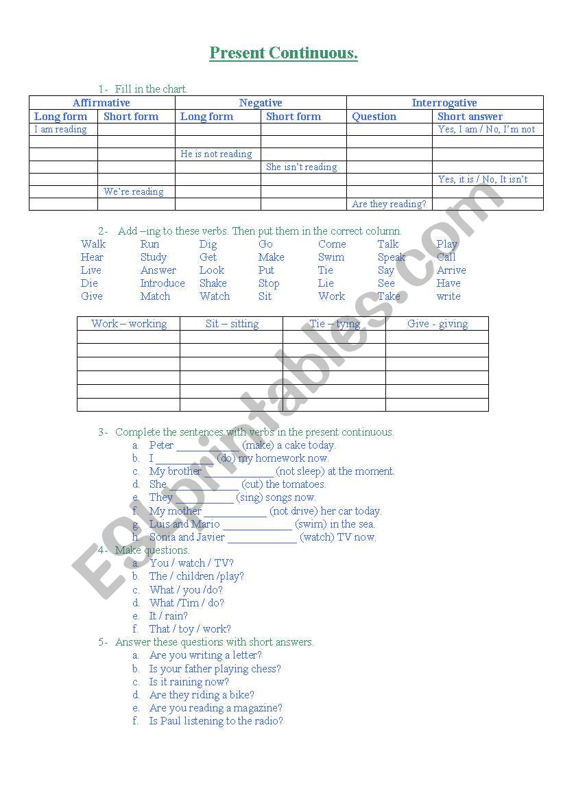 Present continuous worksheet