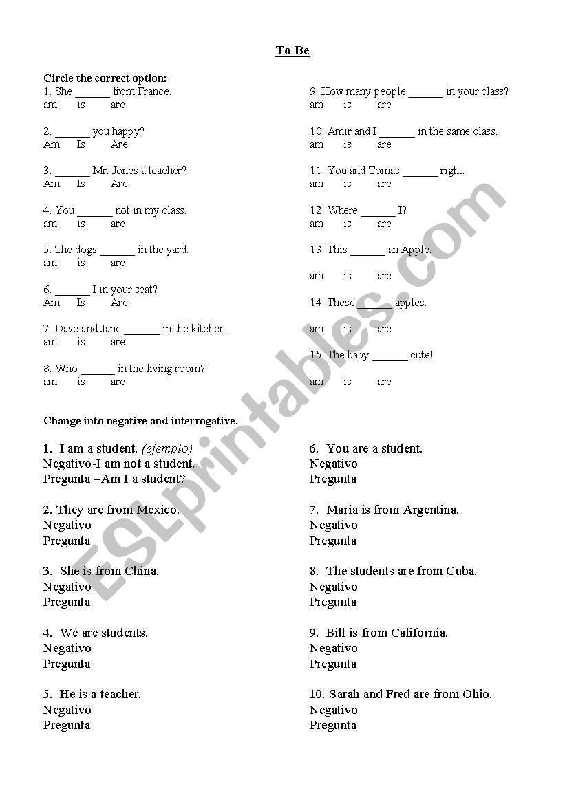 Revision of Verb To Be worksheet