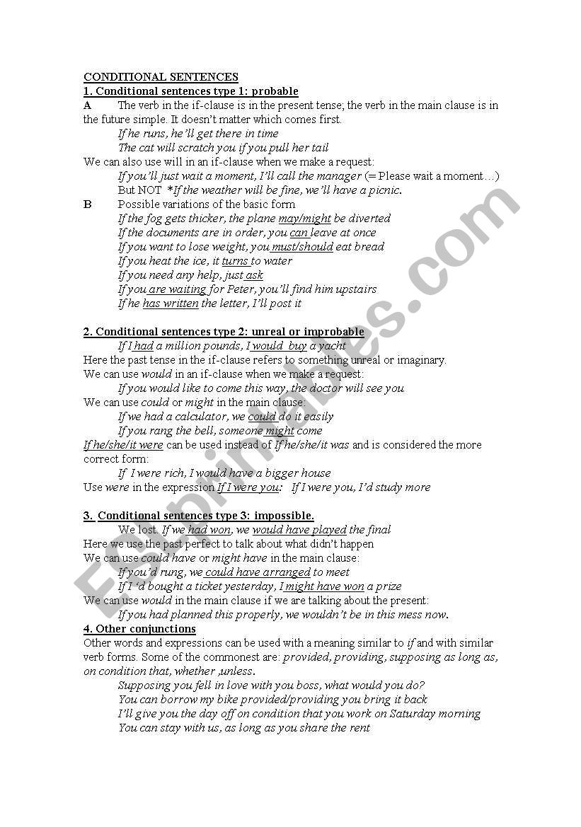 Conditional sentences notes worksheet