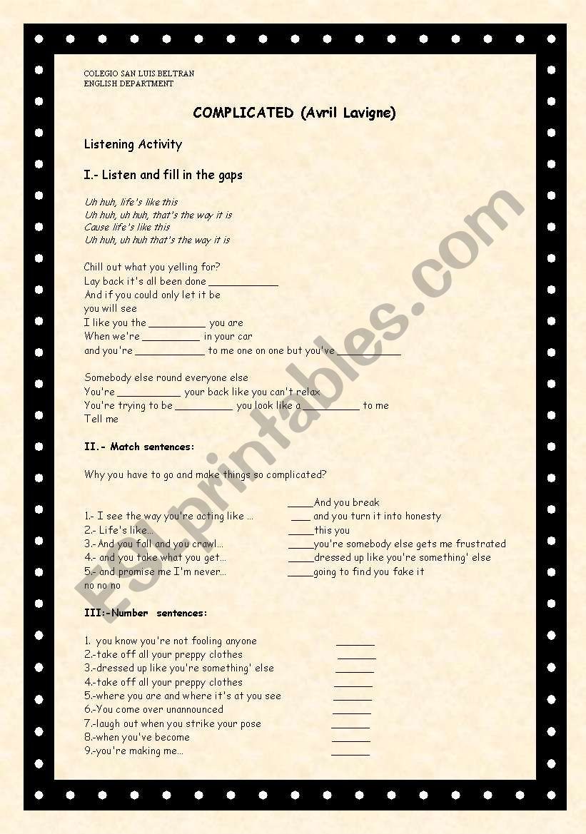 complicated avril lavigne worksheet