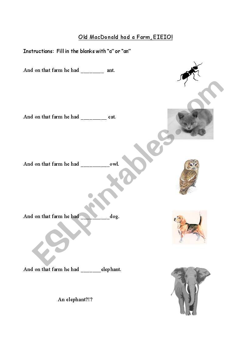 Old MacDonald indefinite article worksheet, page 1