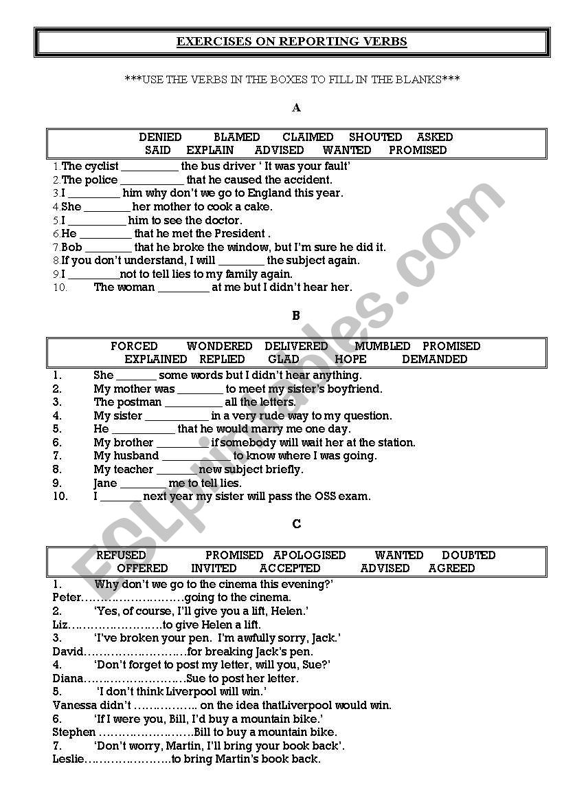 REPORTING VERBS worksheet