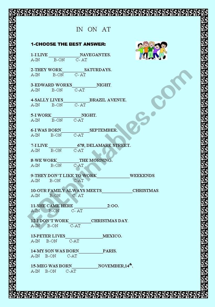 PREPOSITIONS-IN-ON-AT worksheet
