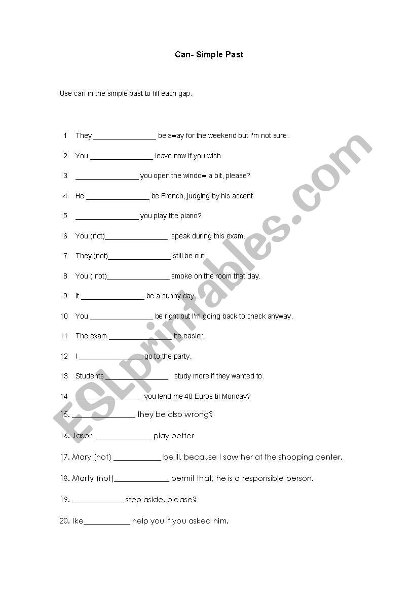 Can inthe simple past worksheet