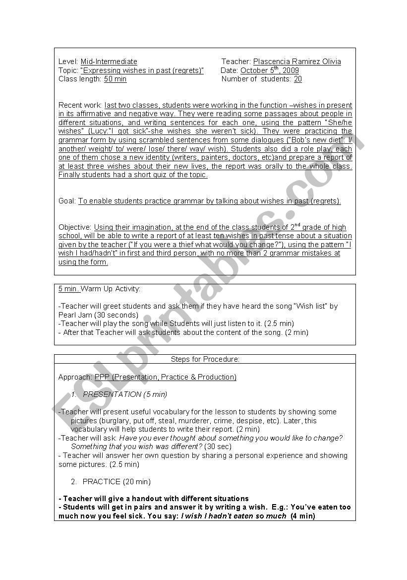 Lesson plan Wish worksheet