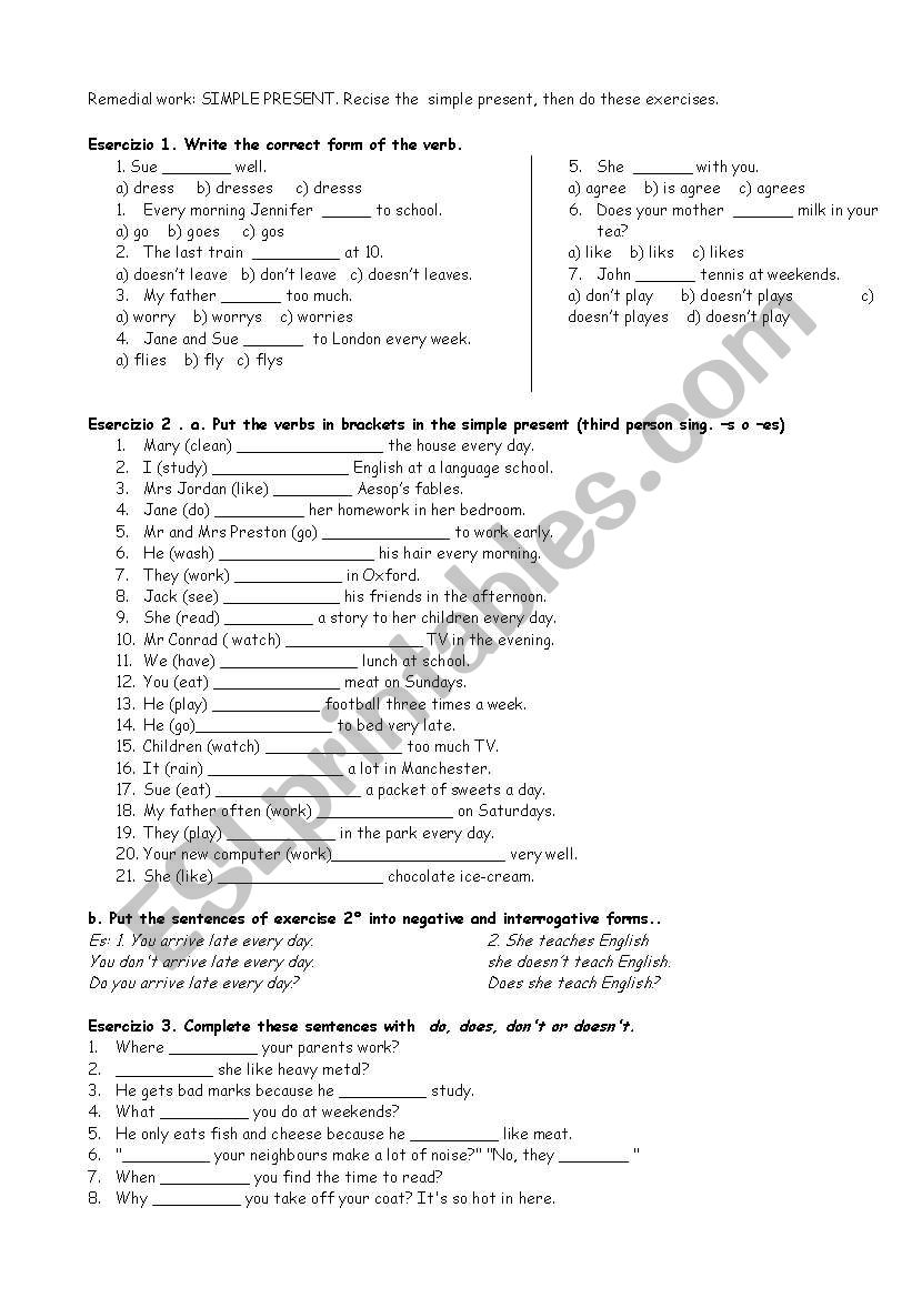 remedial work present simple worksheet