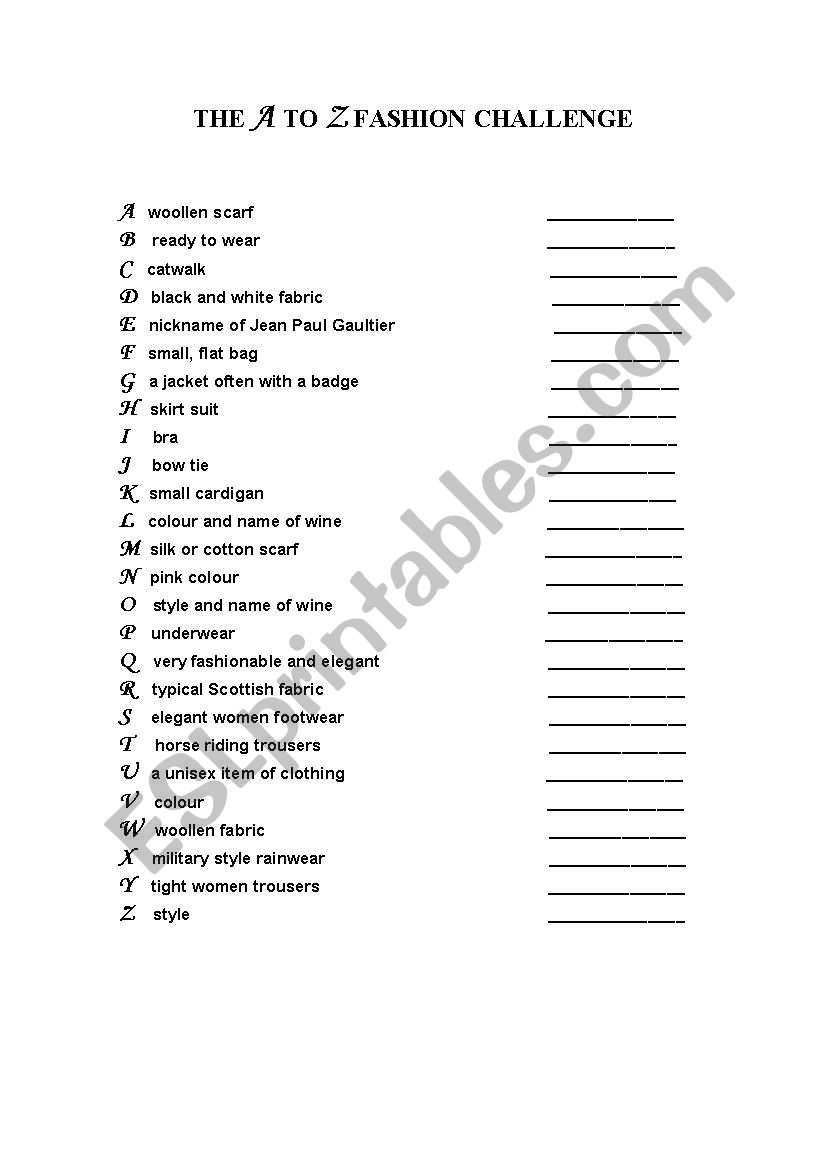 The A to Z Fashion Challenge worksheet