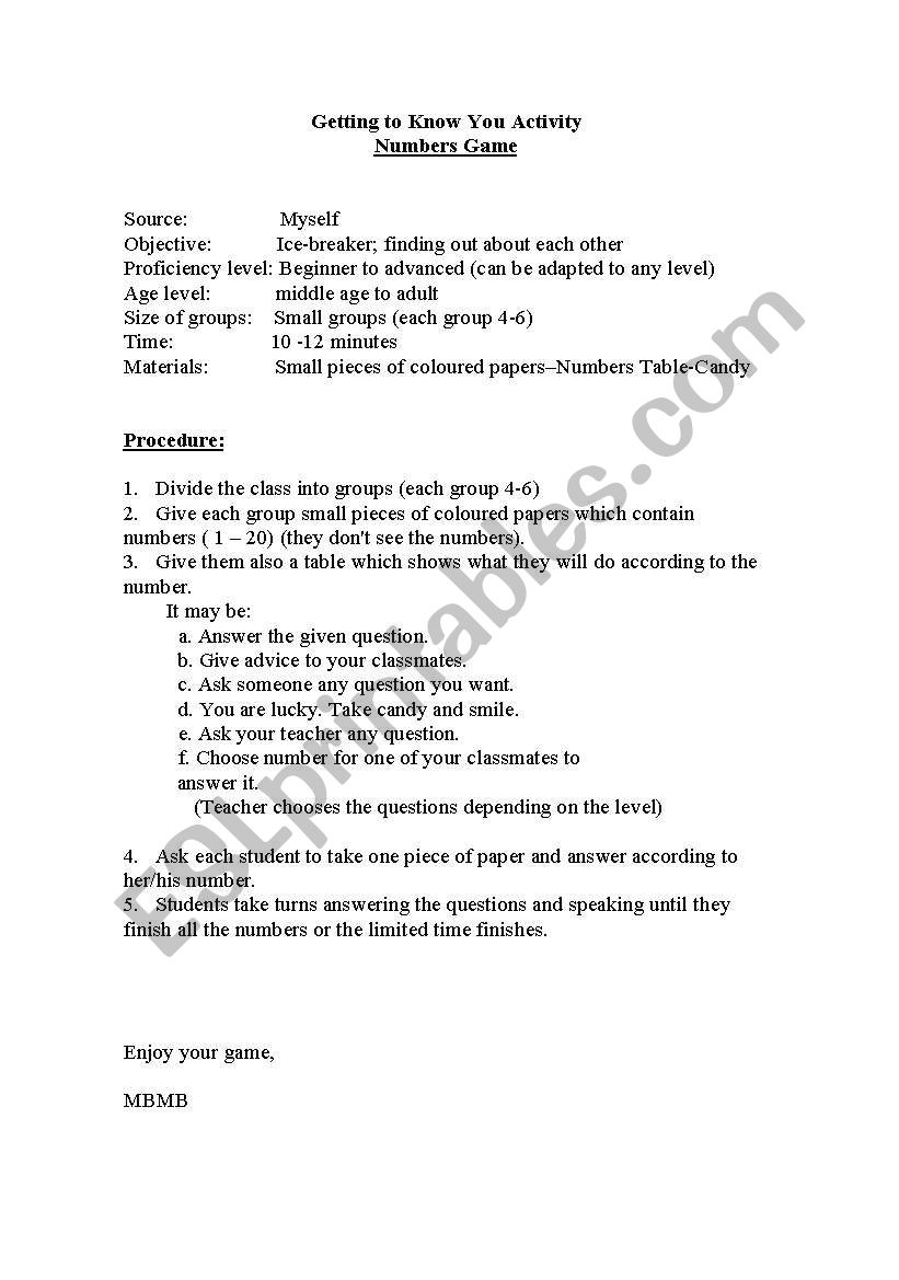 NUMBERS GAME worksheet