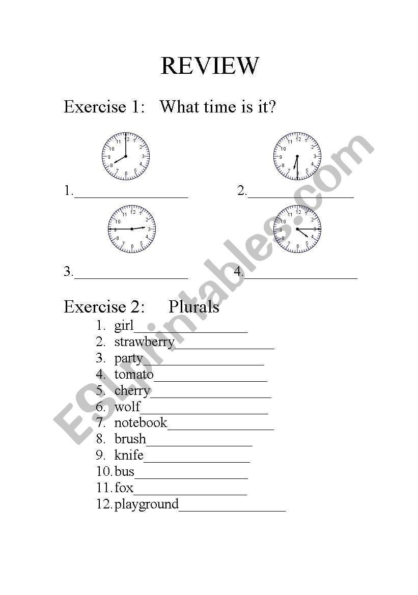 the time and regular plurals worksheet