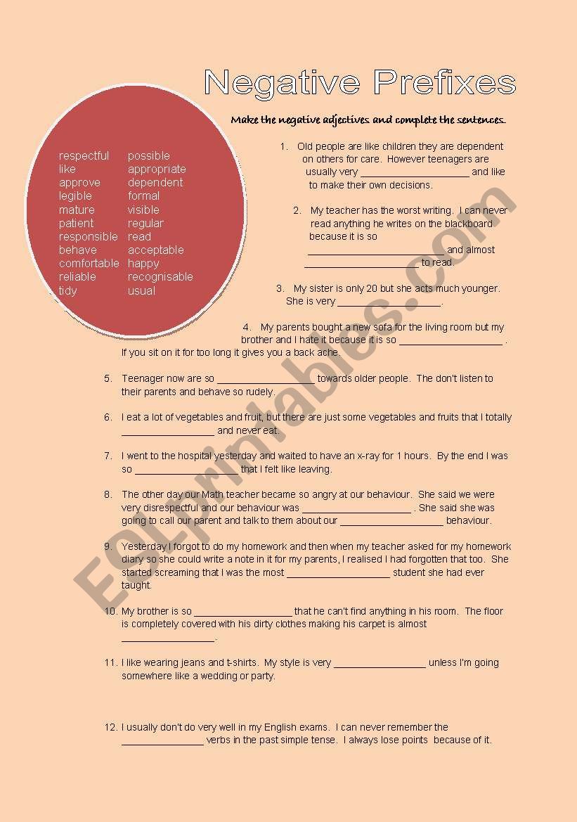 Negative Prefixes worksheet