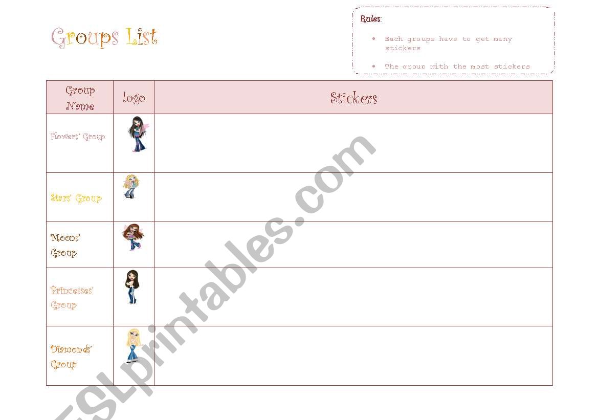 Groups Card worksheet