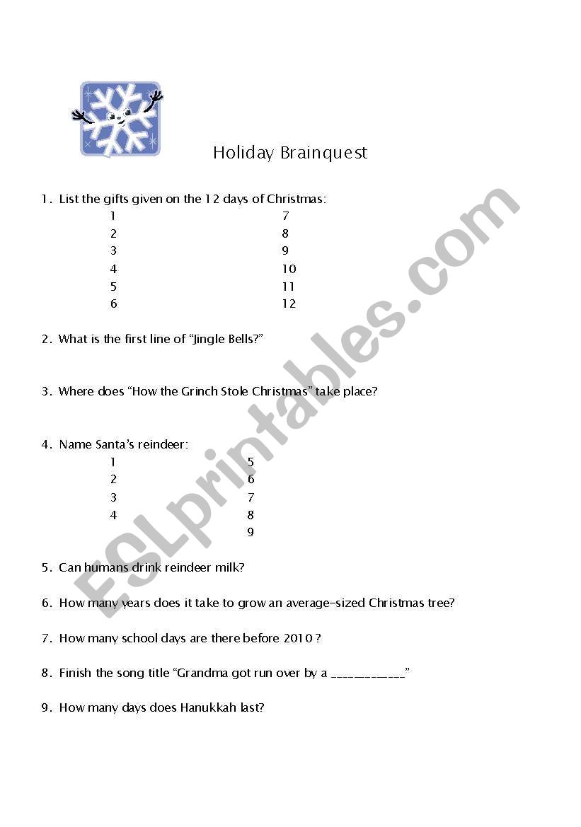Holiday Trivia Challenge worksheet