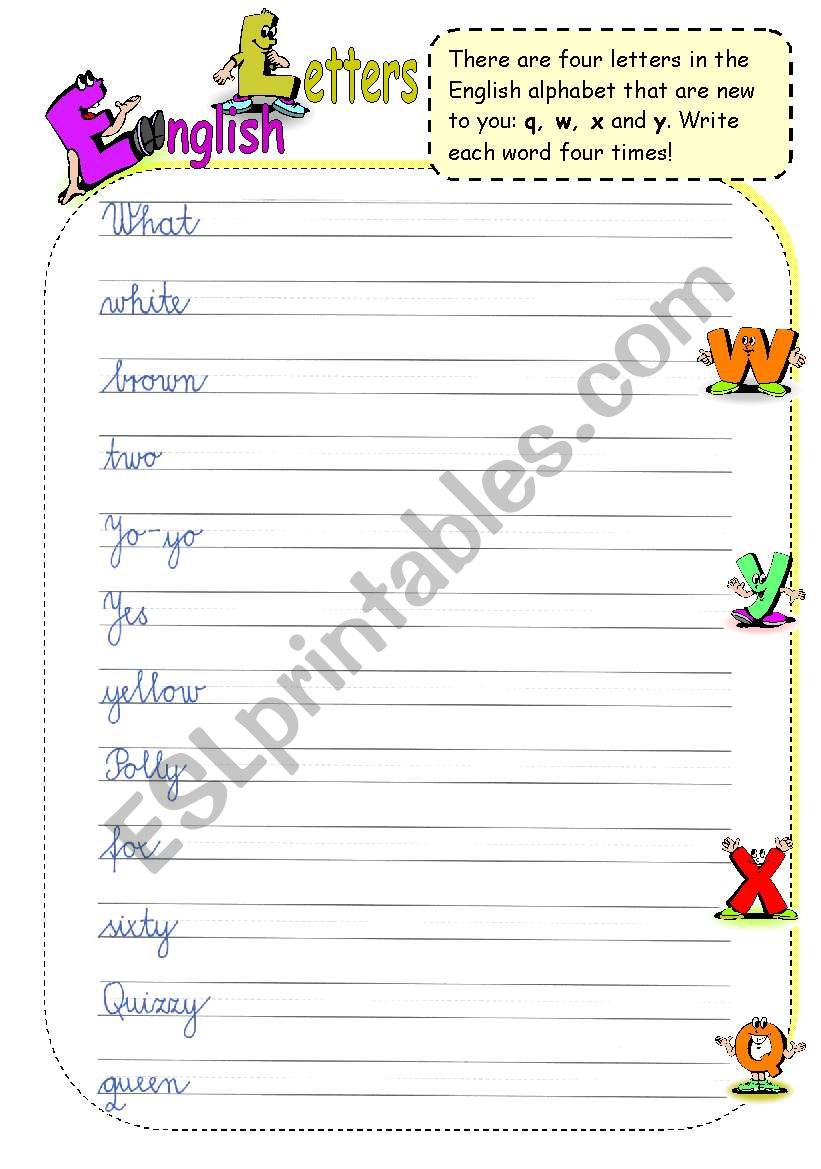 Writing English letters: q, w, x, y