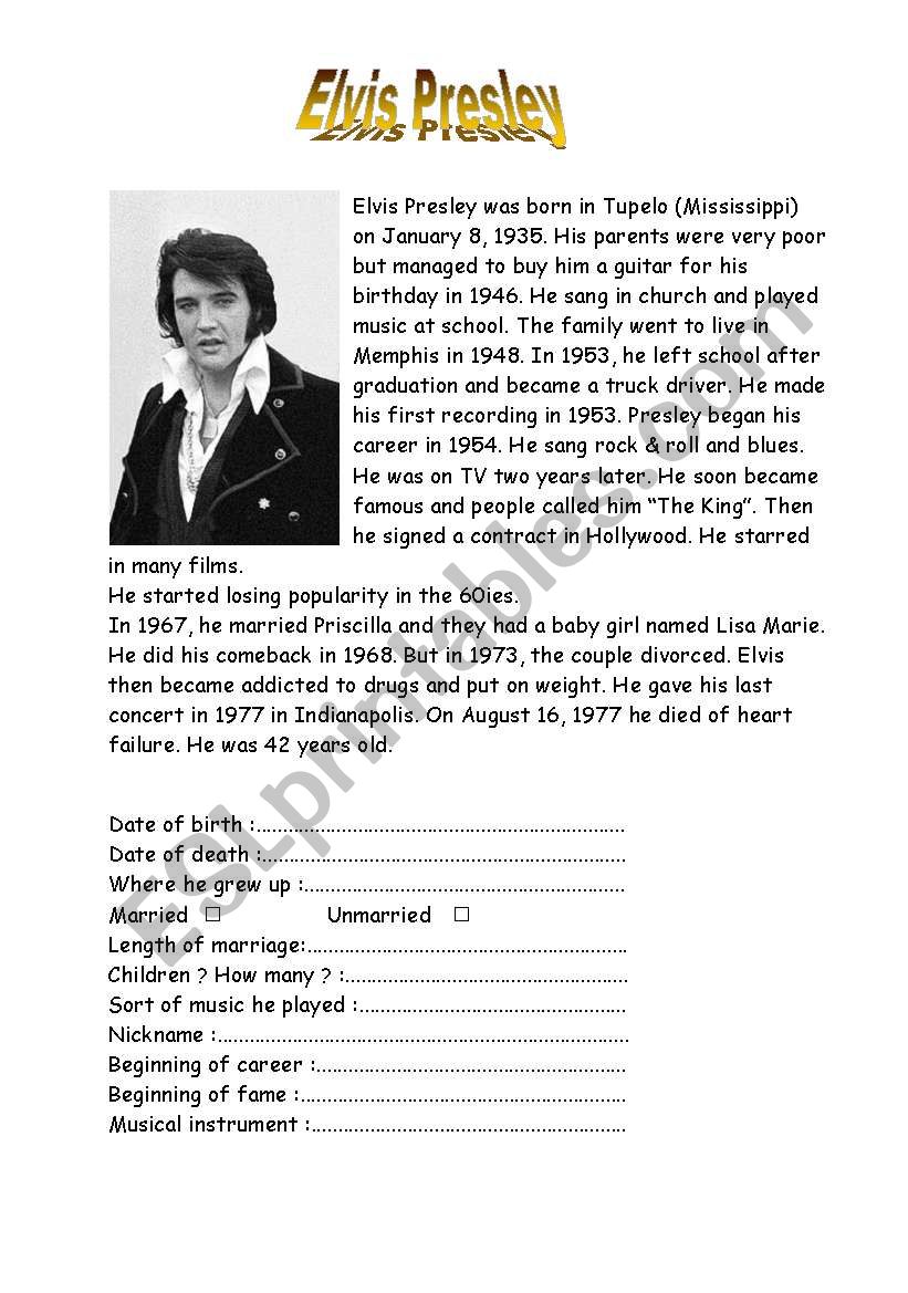 Elvis Presley  worksheet