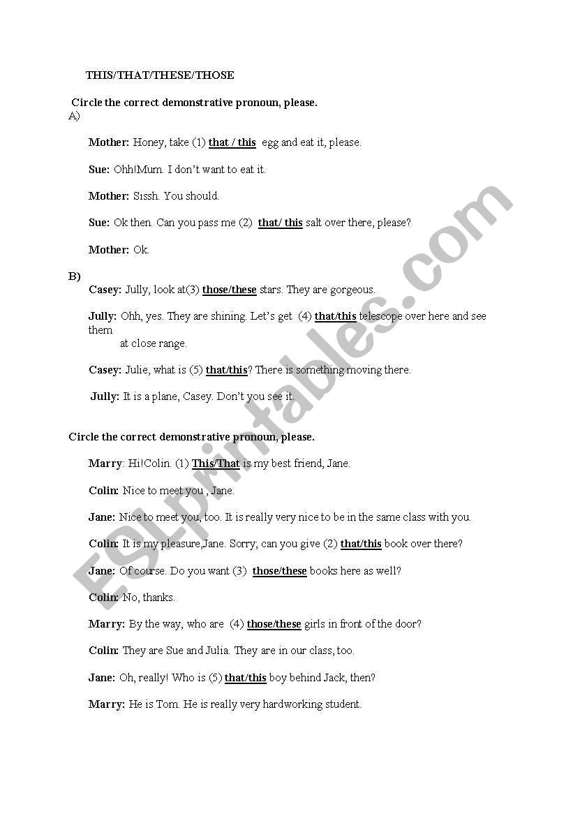 worksheet on times, demonstratives..