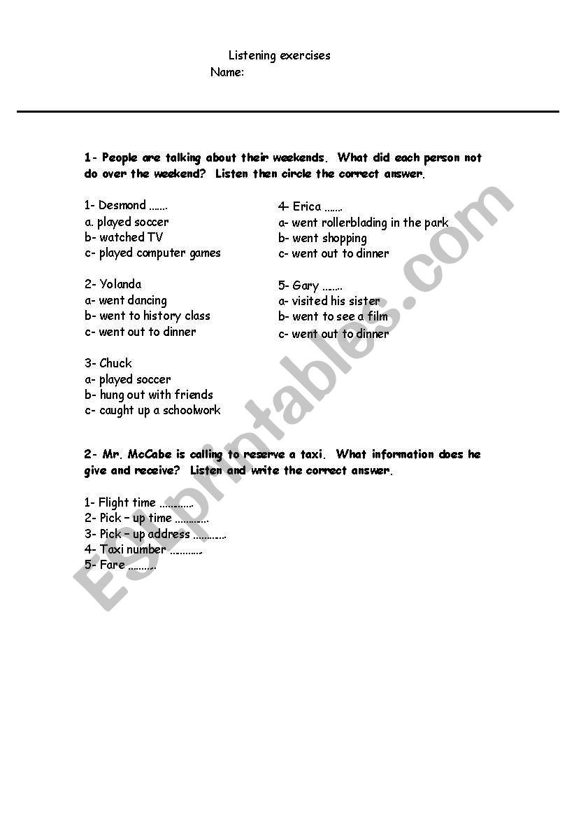 listening exercises worksheet