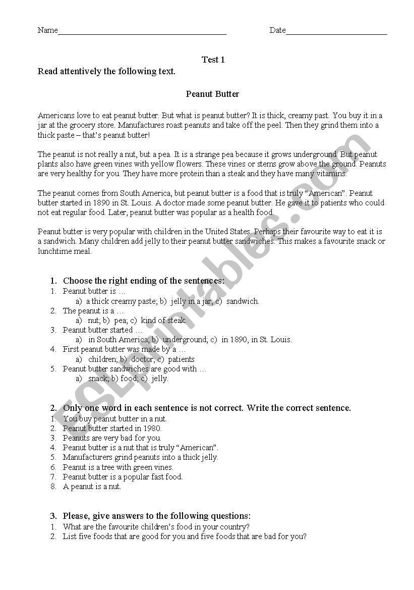 Peanut Butter worksheet