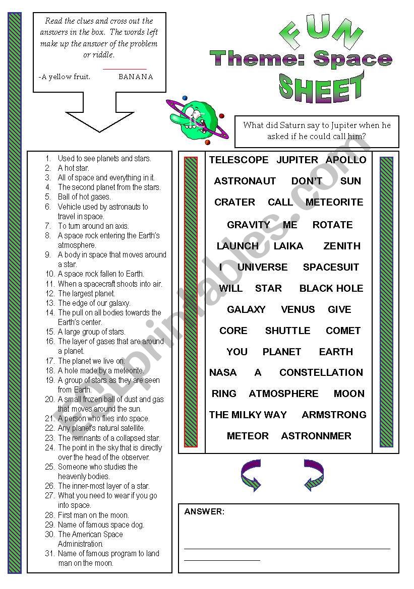Fun Sheet Theme: Space worksheet