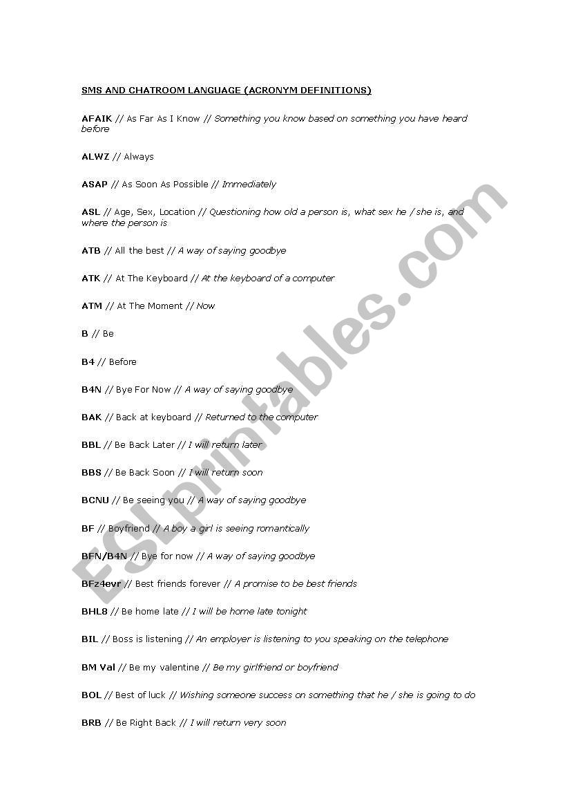 SMS AND CHATROOM LANGUAGE worksheet