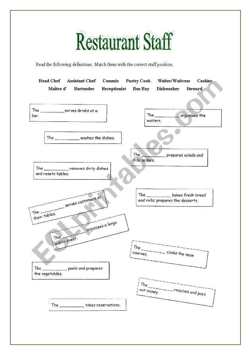 Restaurant Staff worksheet