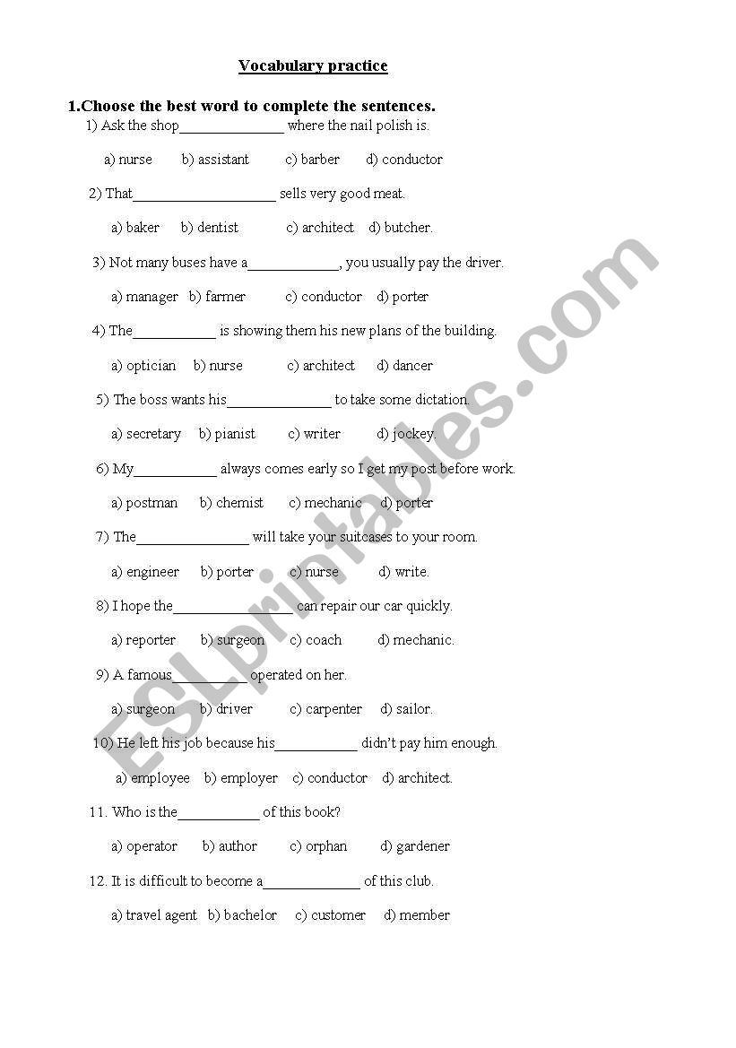 professions worksheet