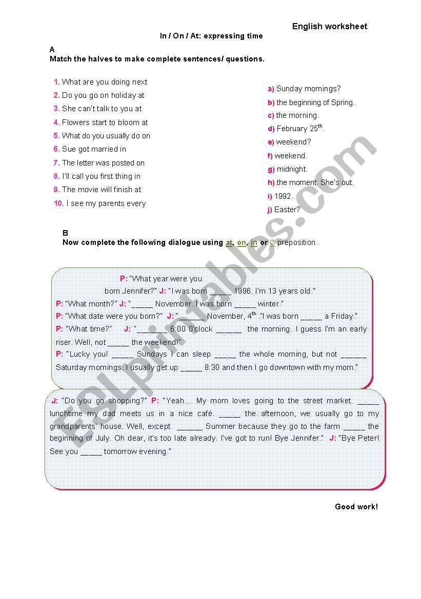 prepositions of time worksheet