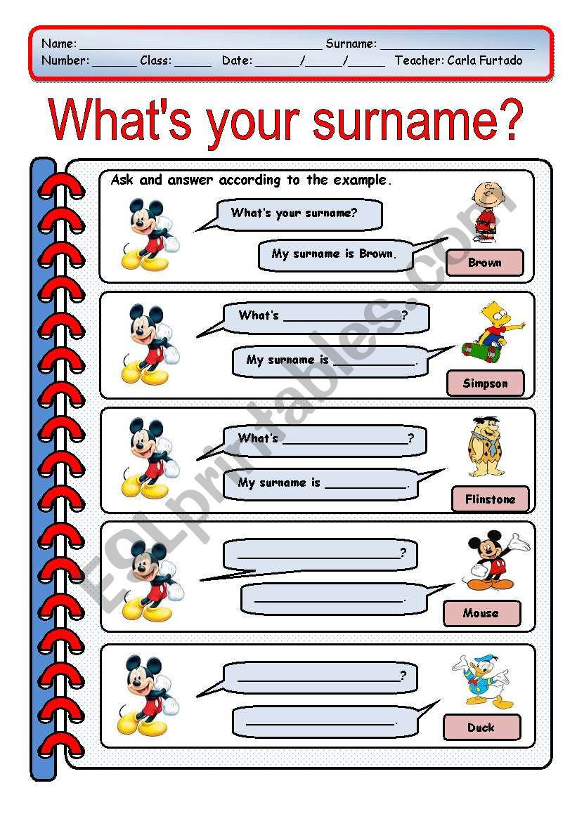 whats your surname? worksheet