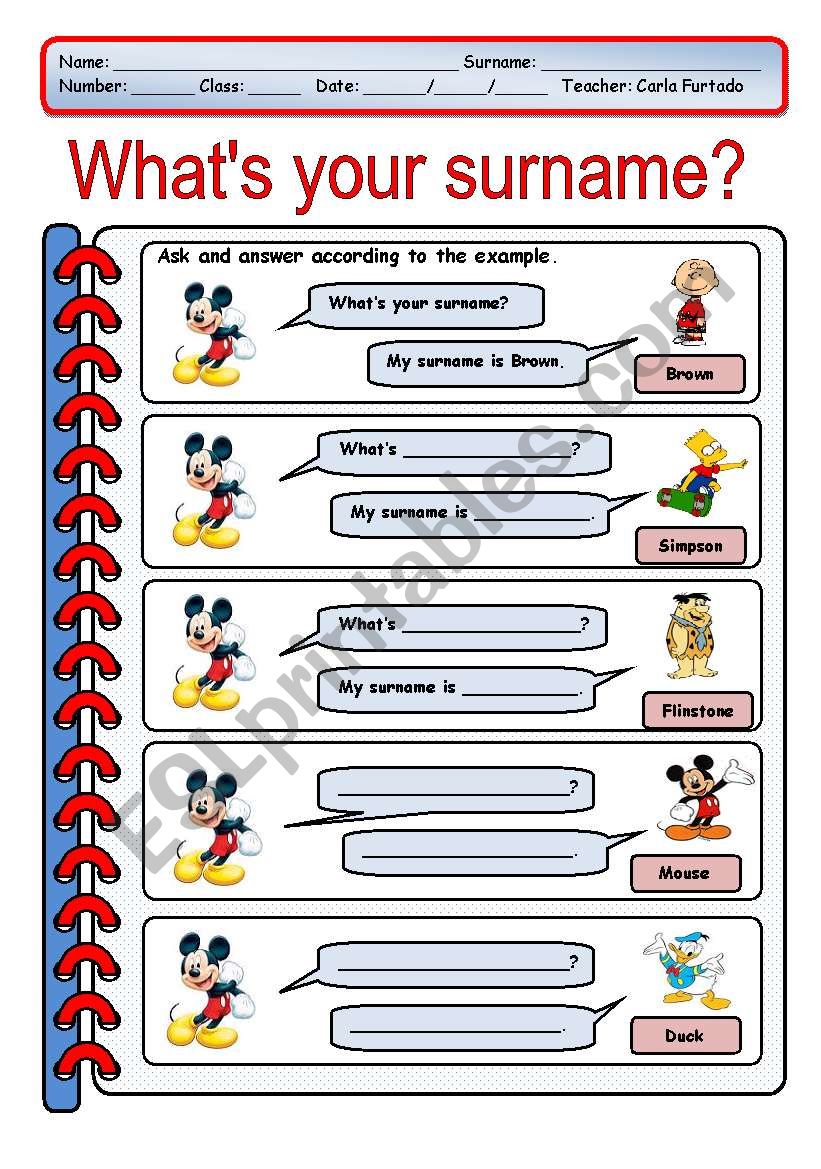 whatÂ´s your surname? worksheet