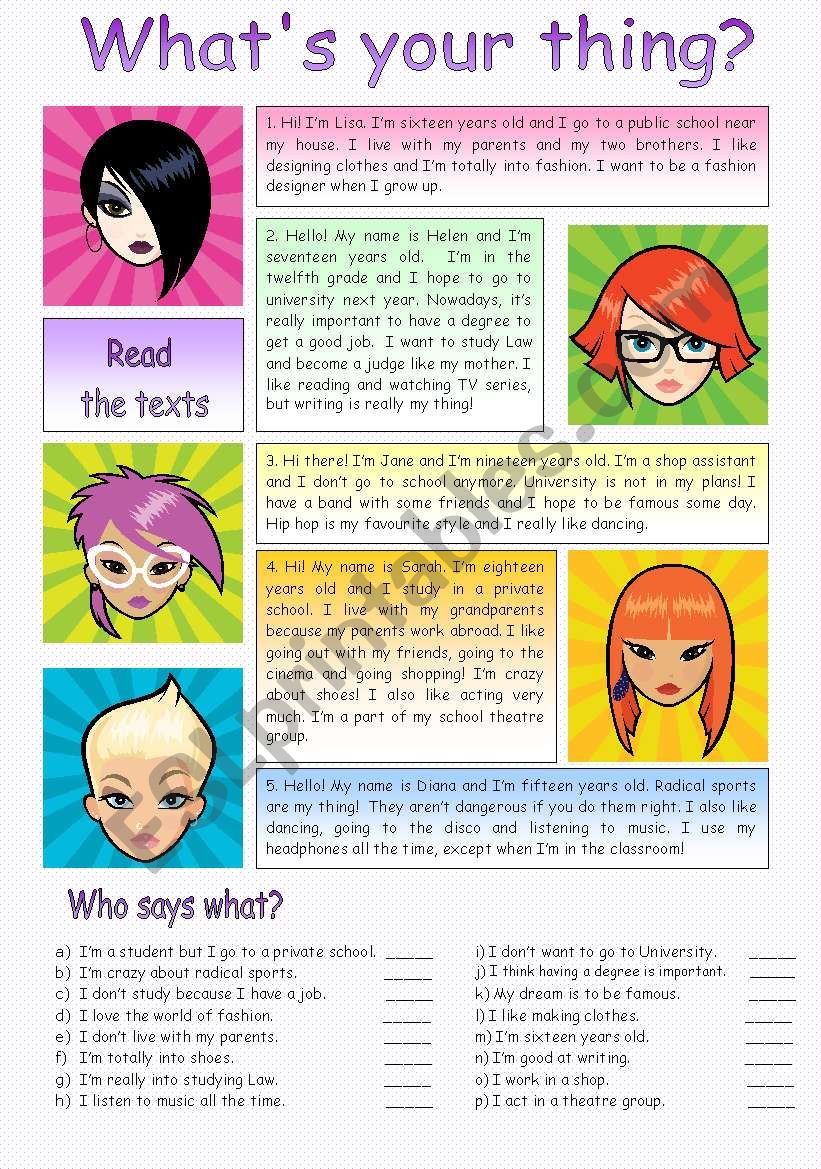 Reading - whats your thing? worksheet