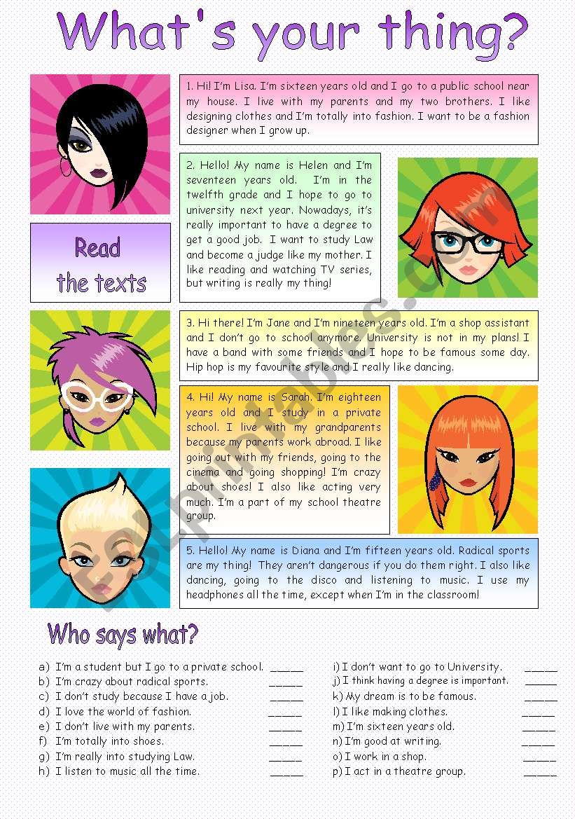 Reading - whatÂ´s your thing? worksheet