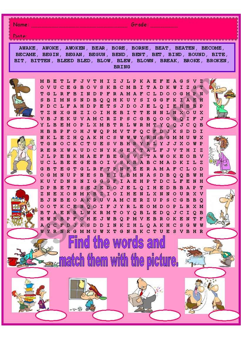 word search and matching pics for irr verbs key included