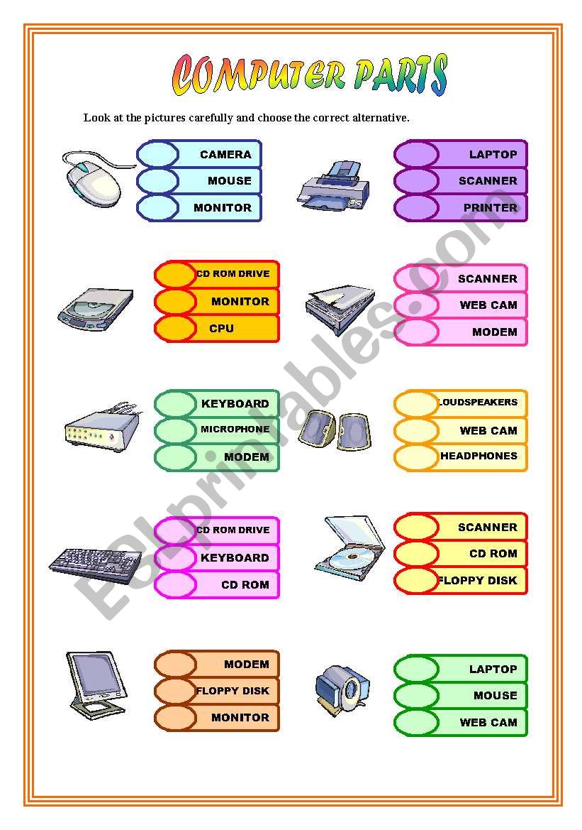 Computer Parts Matching Worksheet