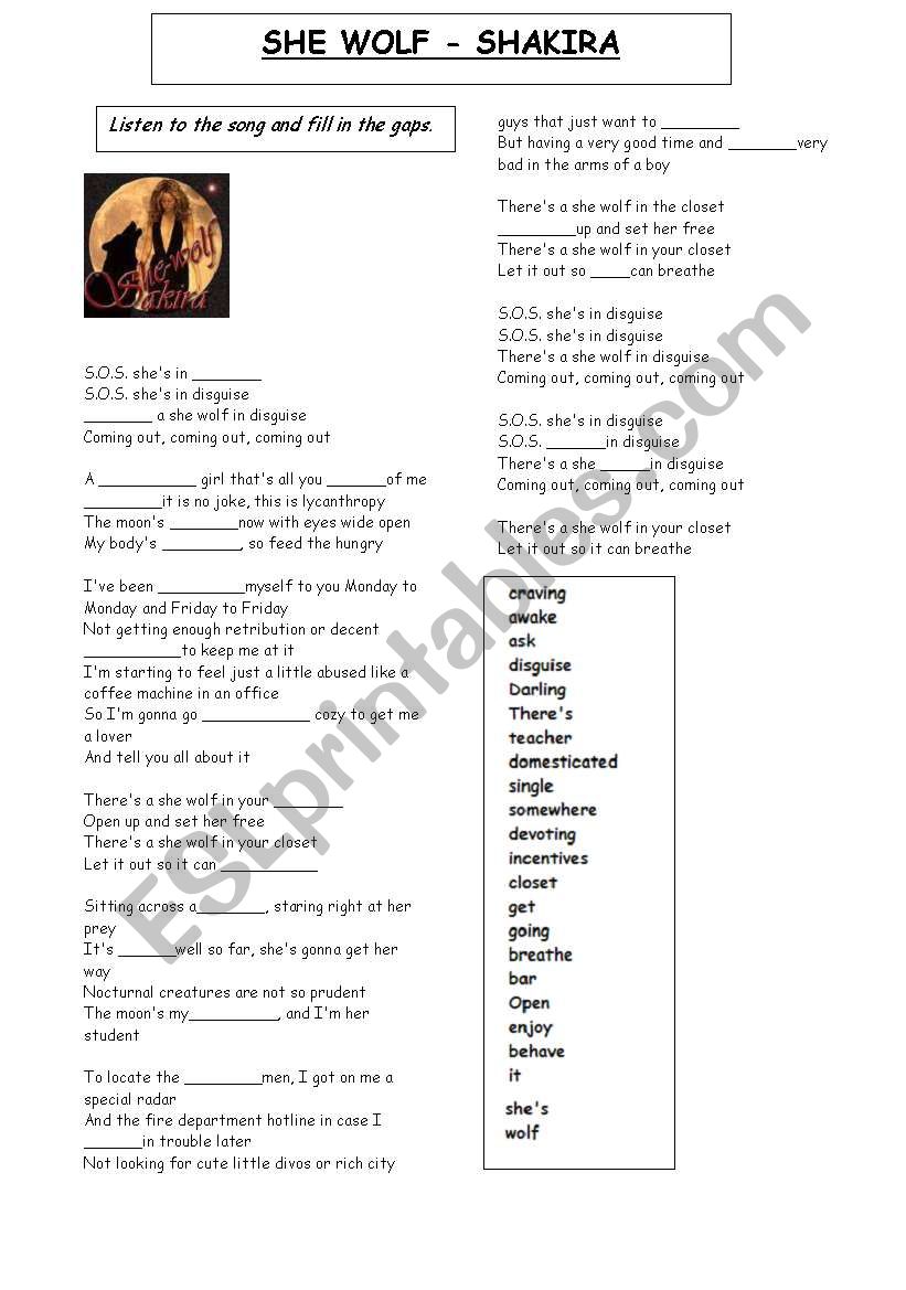 She Wolf - Shakira worksheet